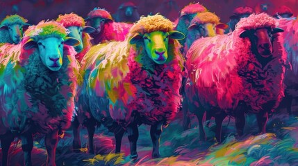 Naklejka premium Herd of multicolored sheep in dyed in bright colors, generative AI