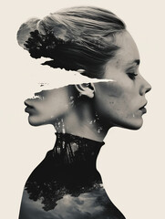 Double Exposure Portrait of Woman with Nature Motifs