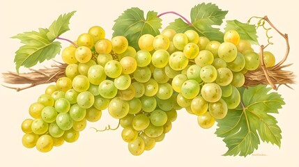 Obraz premium A detailed illustration of a bunch of green grapes with vibrant leaves on a vine, set against a light beige background.