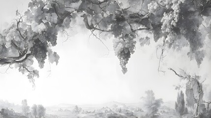 Fototapeta premium Black and white vineyard scene with large grape clusters hanging from vines and a distant rural landscape.