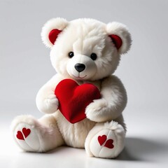 A teddy bear is holding a red heart