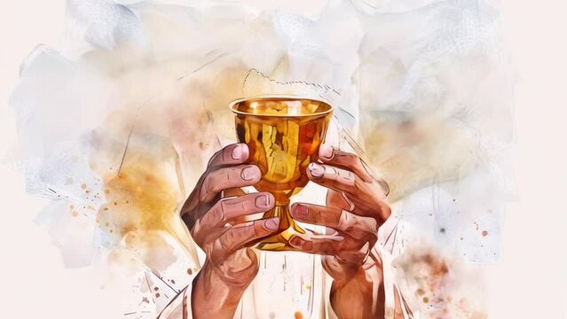 Hands holding the sacred chalice on minimal white watercolor background.