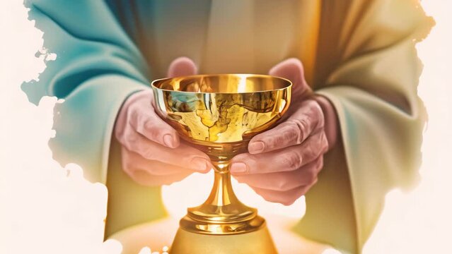 Hands holding the sacred chalice on minimal white watercolor background.