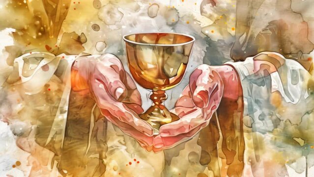 Hands holding the sacred chalice on minimal white watercolor background.