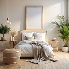 Mock up frame in cozy home interior background, coastal style bedroom, cozy room