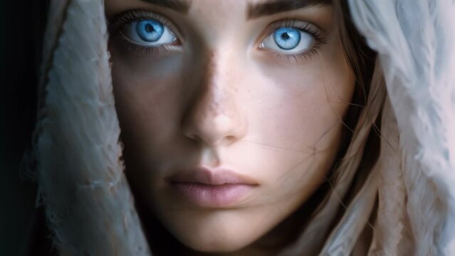 Portrait of a beautiful young woman with blue eyes and veil Mother Mary.