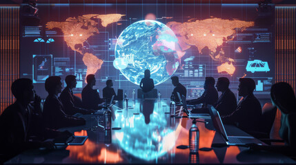 A group of people are sitting at a table in front of a large screen that shows a