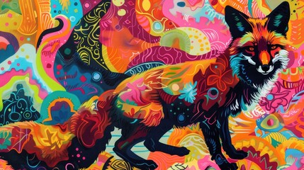 Abstract fox silhouette combined with vibrant, surreal patterns in a stunning array of bright colors, igniting creativity.
