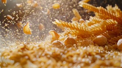 pasta, bread, grains, and cereals gracefully swirling in the air, capturing every detail and nuance of their movement.