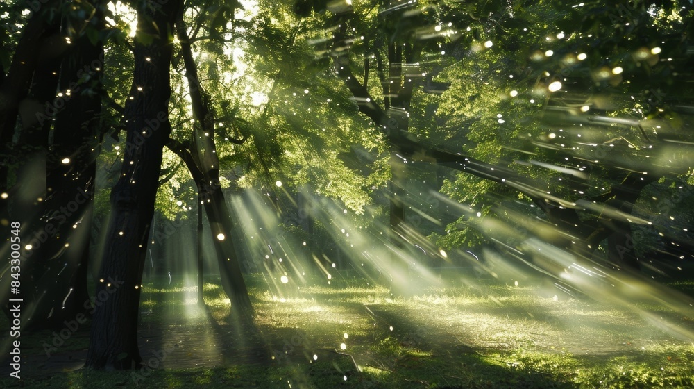 Wall mural a peaceful forest clearing with beams of sunlight filtering through the tree canopy and gravity wave