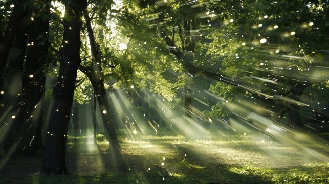 A peaceful forest clearing with beams of sunlight filtering through the tree canopy and gravity waves creating a sense of motion.