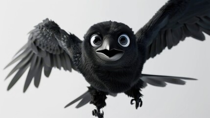 Obraz premium Animated black crow with wide eyes and a playful pose, flying against a bright white background.