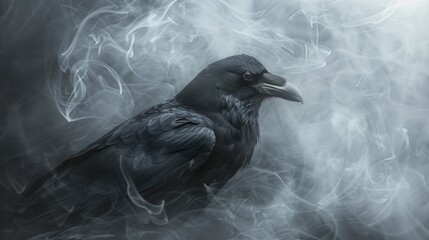Black crow with a commanding presence, surrounded by dark, mysterious smoke from a wizard's spell