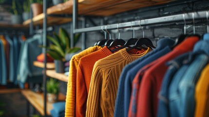 Obraz premium Close-up view of garments on a rail, mix of fabrics and colors, modern shelf backdrop, minimalist design