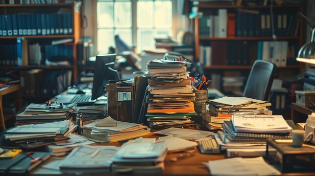 Cluttered workspace, close-up, various papers, writing tools, personal items, office chaos, bright lighting