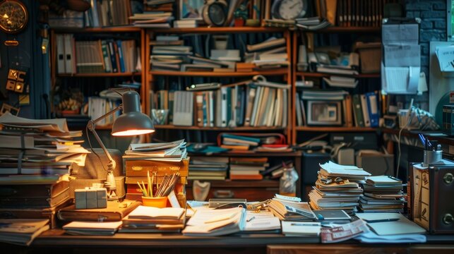 Cluttered workspace, close-up, various papers, writing tools, personal items, office chaos, bright lighting