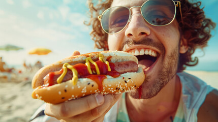 The concept of fast food. Close-up of a funny stylish trendy happy man with curly hair eating a hot delicious hot dog with mustard and ketchup on the beach