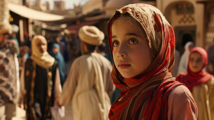 A young girl wearing a red scarf stands in a crowded market