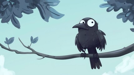 Fototapeta premium Cute cartoon black crow with a cheeky expression, perched on a tree branch, against a simple blue sky background