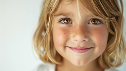 Naklejka premium Portrait of a smiling young girl with blonde hair and brown eyes, wearing a white-colored shirt. 