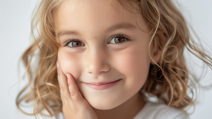 Naklejka premium Portrait of a smiling young girl with blonde hair and brown eyes, wearing a white-colored shirt. 
