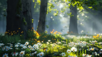Fototapeta premium Natural dorest of woods with sunbeams through fog and leaves branch create mystic atmosphere. sunny morning in green forest
