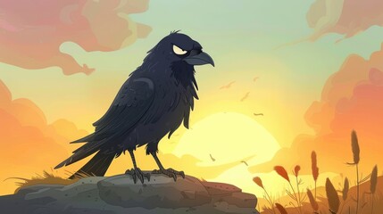 Fototapeta premium Friendly cartoon black crow winking, standing on a rock, with a bright and cheerful sky behind it
