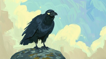 Friendly cartoon black crow winking, standing on a rock, with a bright and cheerful sky behind it