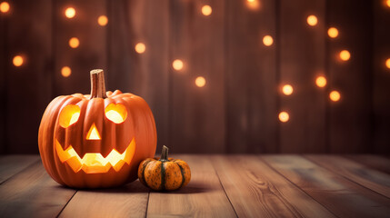 Fototapeta premium Photo of Halloween pumpkin lantern on wooden table background with text space.