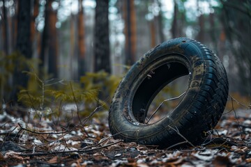 Illegal Waste Dumping: Old Tire in Forest