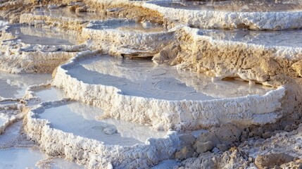 Thin layers of salt crystals stacked in a mosaiclike pattern the result of evaporation in a desolate lake.