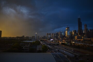 Storm clouds rolling in over Chicago skyline in the evening