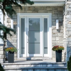 Modern front entrance door with frosted glass panels and slim sidelites, framed by minimalist stone facade on a bright sunny day a?" sleek white design