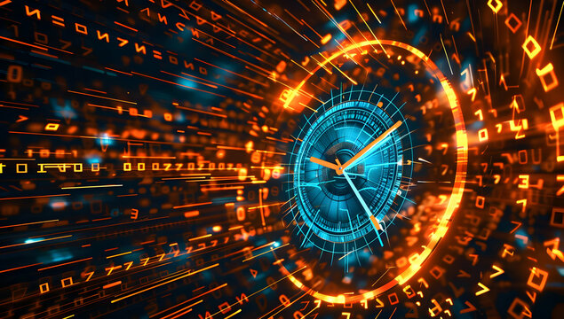 Glowing orange and blue clock icon surrounded by light trails on a digital background with binary code, in the style of a high speed concept