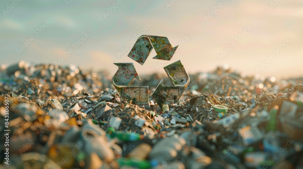 Poster a photorealistic image of the recycling symbol emerging from a pile of garbage, symbolizing the impo