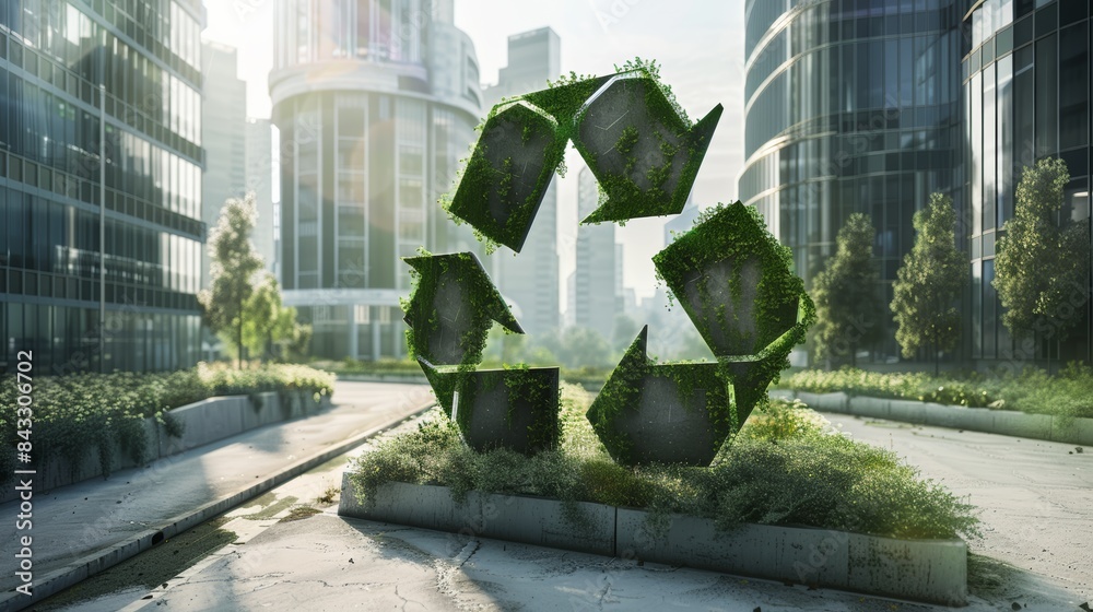 Poster a photorealistic image of the recycling symbol integrated into a modern urban landscape, demonstrati