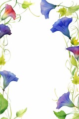 morning glory themed frame or border for photos . with trumpet-shaped flowers in various colors. watercolor illustration, white color background. 
