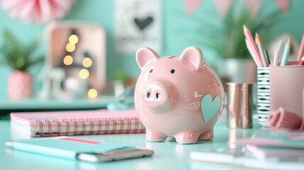 A pink piggy bank sits on a desk with a pink notebook and a pink pen