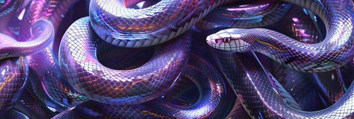 Banner with a snake with iridescent glowing skin. Snake in neon light