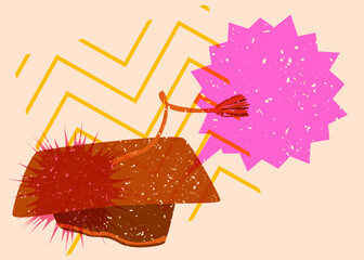 Risograph graduate hat with speech bubble with geometric shapes. Objects in trendy riso graph print texture style design with geometry elements.