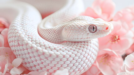 Fototapeta premium White snake on a white background. Silver snake decorated with spring flowers. Horizontal banner for Chinese New Year. Exotic pet portrait