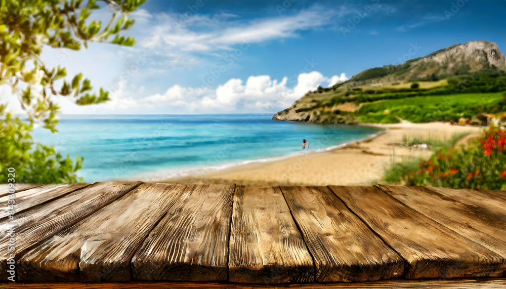 Wall mural old wooden table in the foreground and a beautiful summer beach landscape in the background.