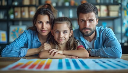 Family sitting together with financial graphs