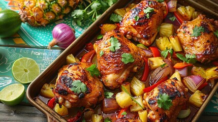 Fototapeta premium A tray of chicken and vegetables with a lime on the table