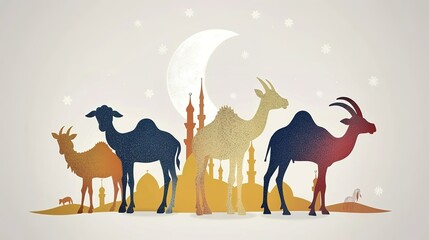 Mubarak poster vector, white background, golden accents, goat, camel, and cow, crescent moon