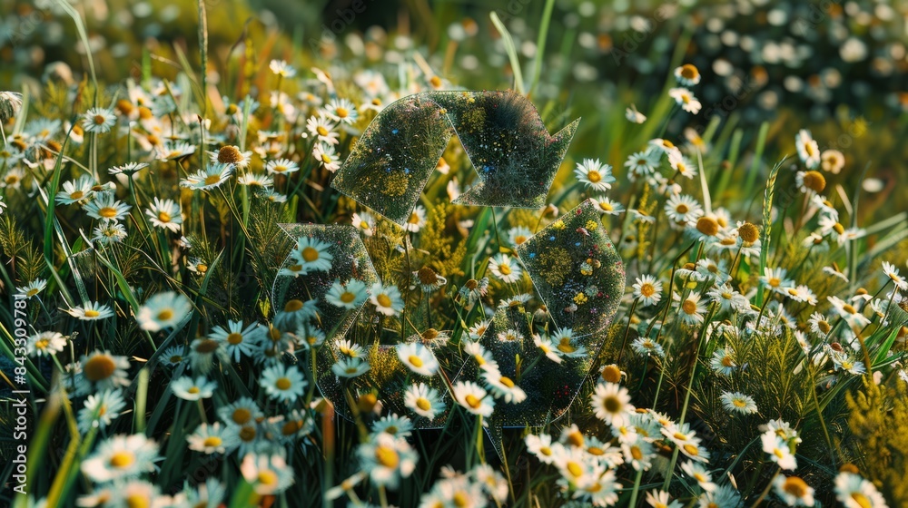 Poster a serene photorealistic image of the recycling symbol nestled amidst a field of wildflowers, represe
