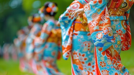 Naklejka premium A group of women in colorful kimonos lined up in a green outdoor setting, blurred background emphasizing their traditional attire. closeup of Obon dance movements