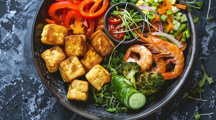 Fresh and Healthy Plate with Vegetables, Tofu, and Shrimp Captured from an Oblique Angle, Highlighting the Vibrant Colors and Nutritional Ingredients