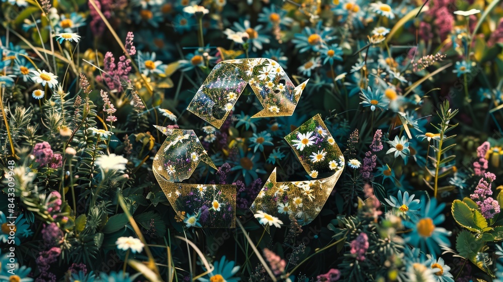 Poster a serene photorealistic image of the recycling symbol nestled amidst a field of wildflowers, represe