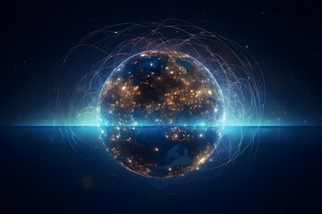 Fototapeta premium access, data, business, communication, technology, network, digital, virtual, tech, information across various continents and national borders. The Earth is seen from above in blue tones with glowing 
